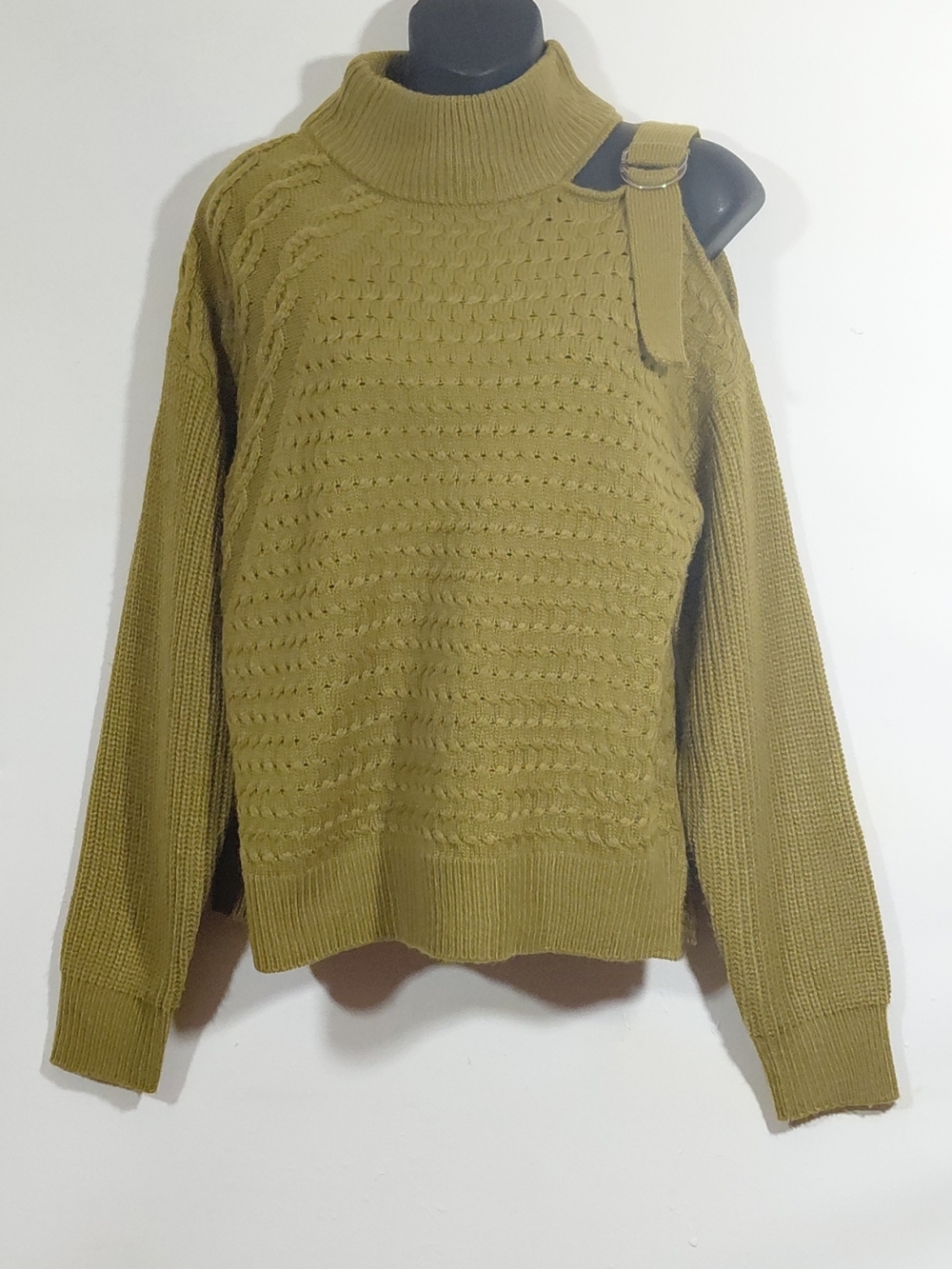 DKNY Olive Cold-Shoulder Mock Neck Sweater with Buckle Strap Med